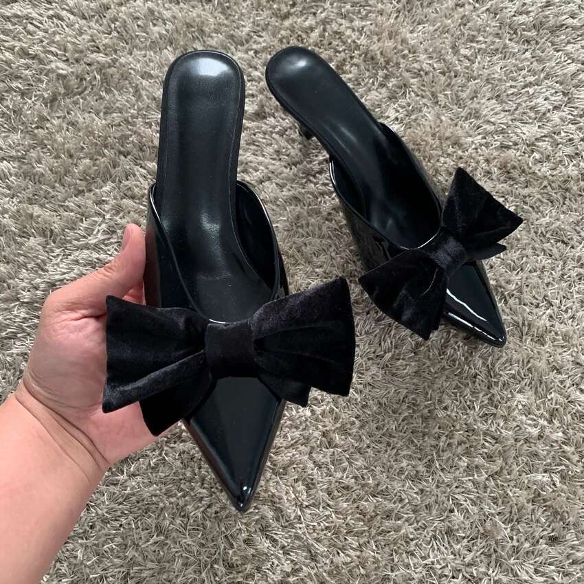 2024 New Womens Butterfly Knot Sandal Shoes Woman Heel Shoe Black Leather High Heels Party Slippers Pumps Sandals
