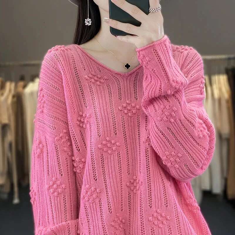 Women's Pullover Sweater 2024 Autumn Winter Hollow Out V-Neck Ladies Knitting Jumper Loose Age Reduction Female Bottoming Tops