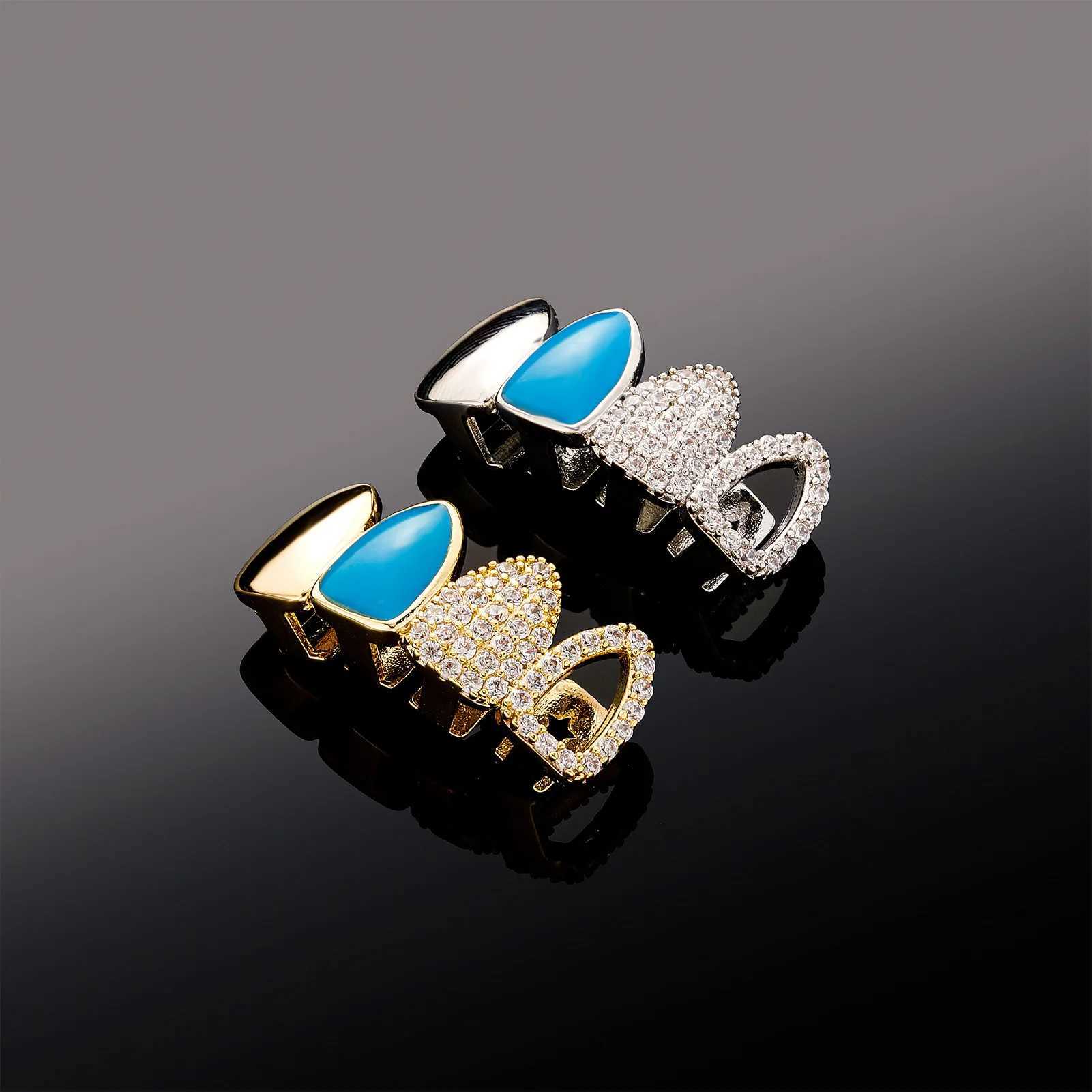 Hip Hop Double Blue Drip Oil Hollow Zircon Teeth Grillz 14K Gold Plated CZ Stone Tooth Caps For Women Men Couple JewelryXJ250114