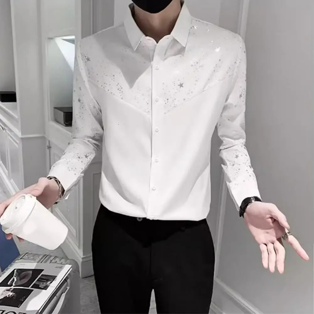 Ultra thin fit shirt with glitter star patch work cardigan for men ultra-thin fit long sleeved shirt with a soft and breathable collar at the hem 2501