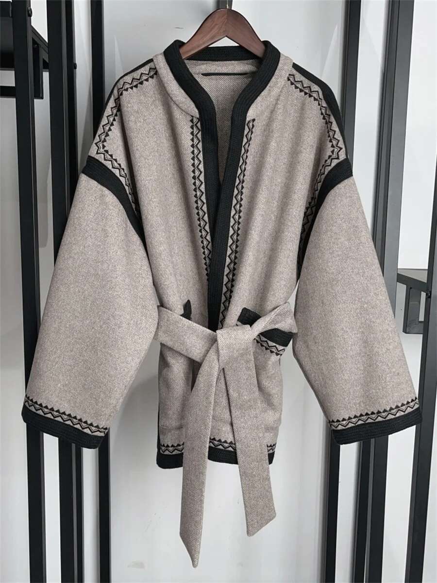 Embroidery Women Lace-Up Coat Contrast Color Wool Blends Loose Female Jacket With Pockets 2024 Autumn Winter