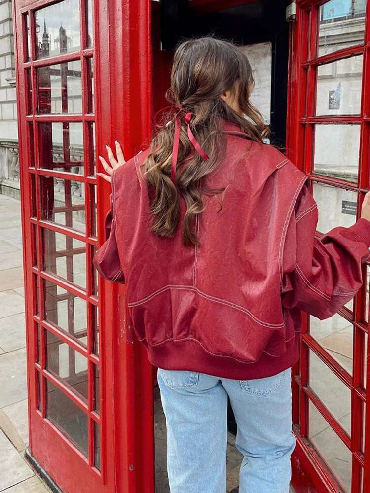 Fashion Lapel Long Sleeve Bomber Coats For Women Vintage Red Zipper Leather Jacket 2024 Autumn Winter Lady Street Casual Outwear
