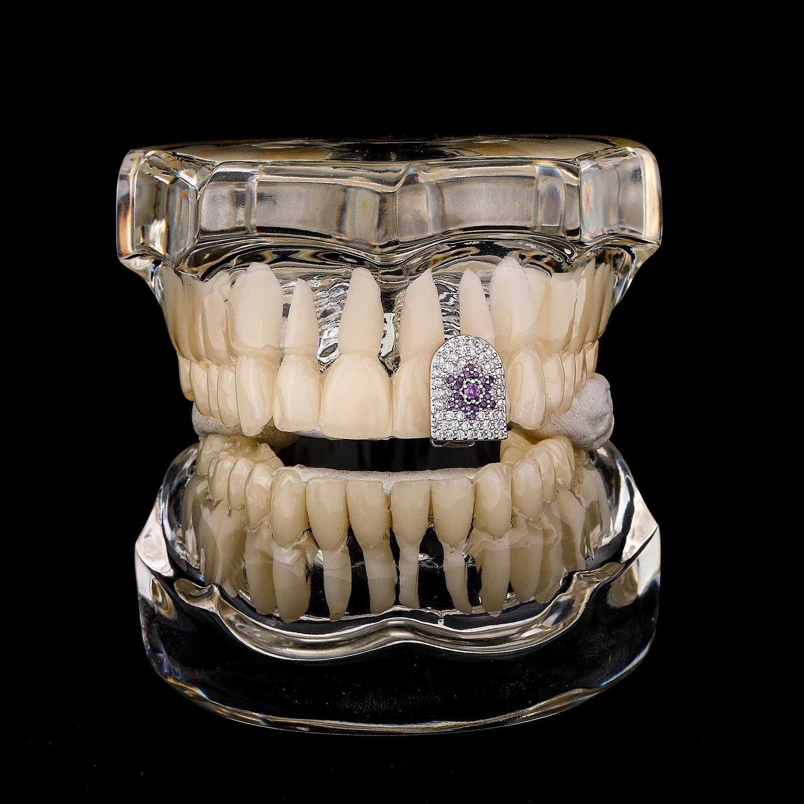RACHELZ Hip Hop Single Purple Sun Zircon Teeth Grillz Dental Grills Silver Color CZ Stone Tooth Caps For Women JewelryXJ250114