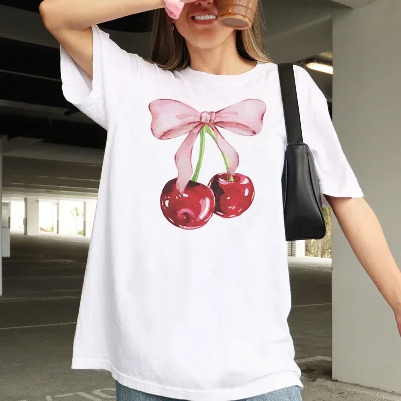 Cherry Bow Printed Womens Vintage T-Shirt Trendy Cute Coquette Tee Shirt Short Sleeve Cottagecore Aesthetic Tops Female Clothes 250109