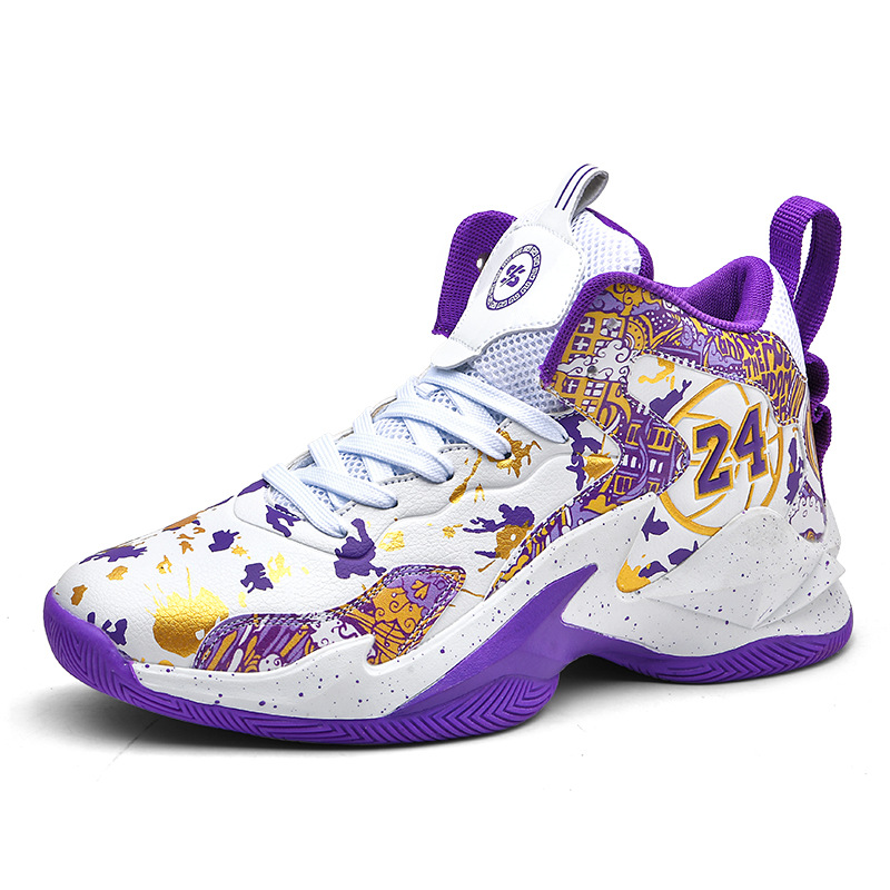 High top basketball shoes male adult leather winter concrete actual combat sports shoes purple white black