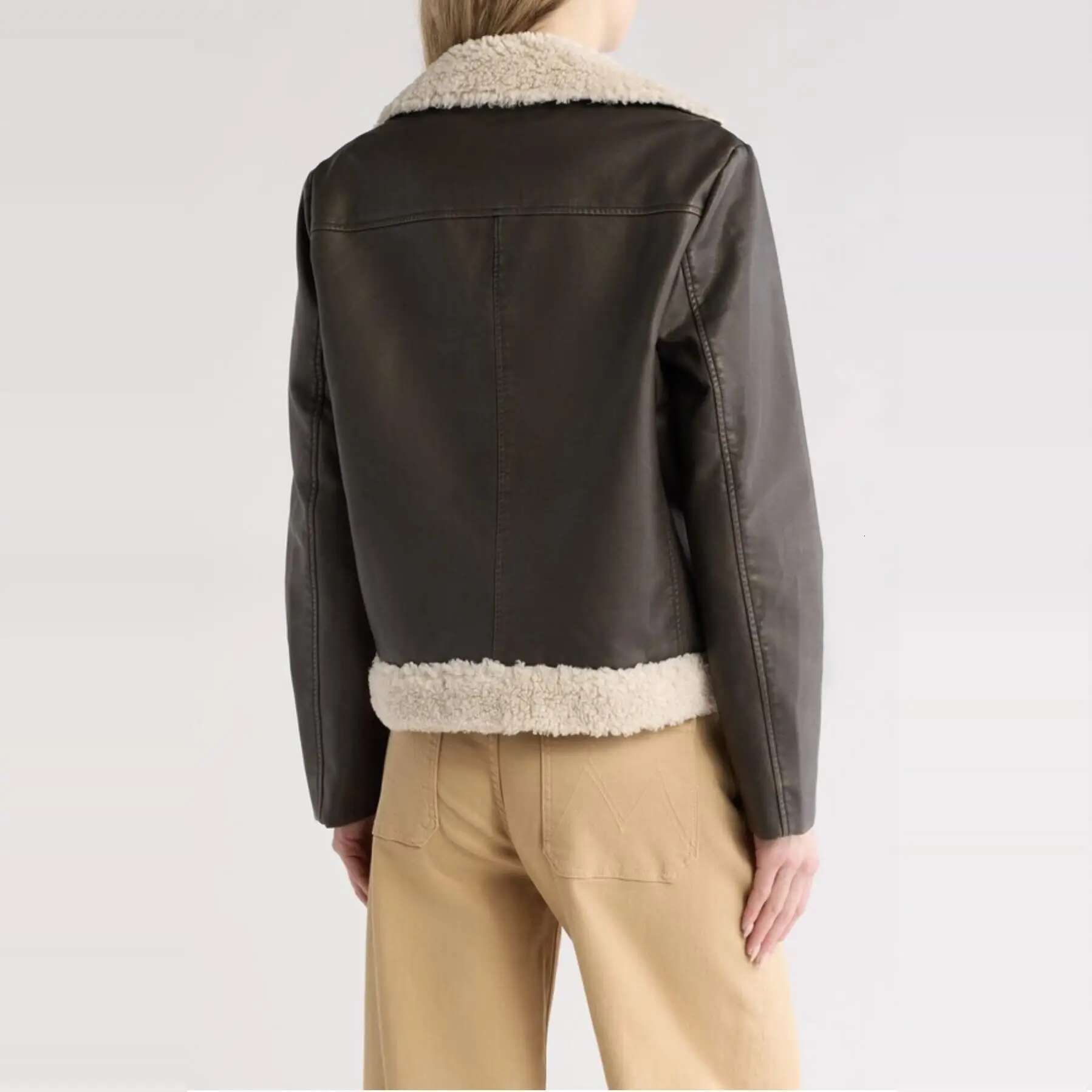 NIGO LP Women's Winter Lamb Fur Collar Vintage Aged Leather Long Sleeve Fitted Jacket #Nigo61437