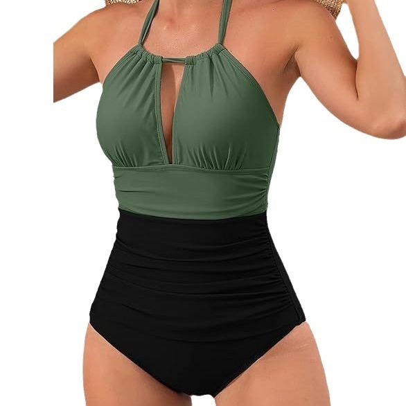 tracksuit New Sexy Contrast Colored Panel Hanging Neck One Piece Women's Bikini Swimsuit