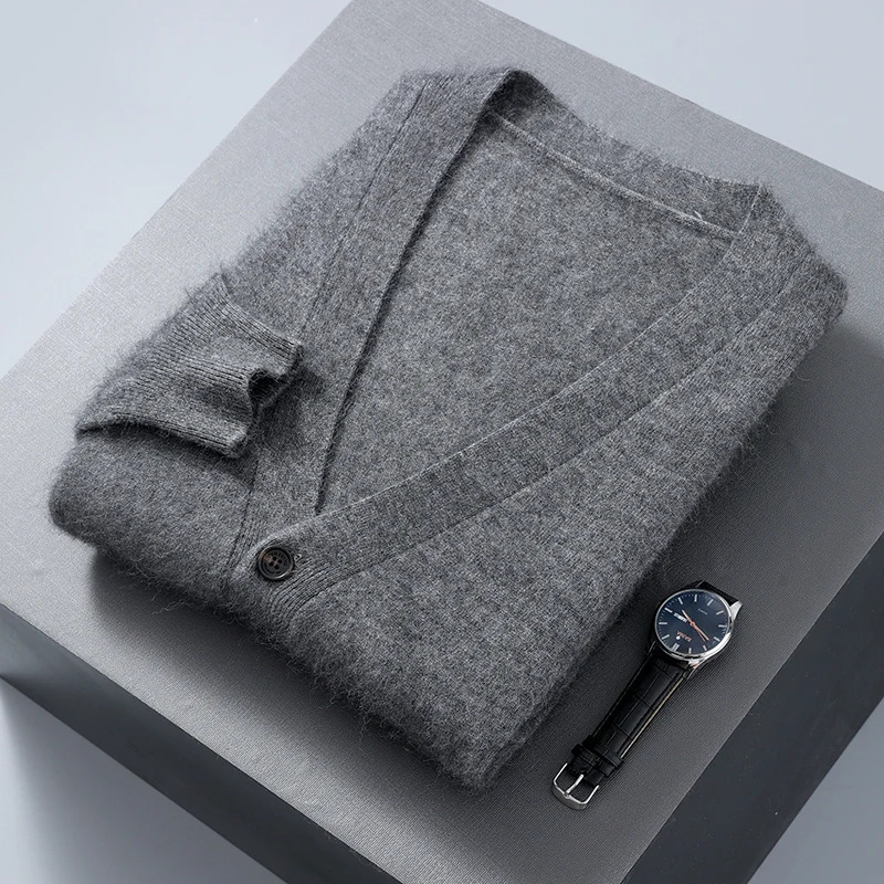 Autumn Winter Cardigan Mens V-Neck Top 100% Mink Cashmere Knitted Sweater Casual Loose Large Long Sleeved shirt Jacket 250113