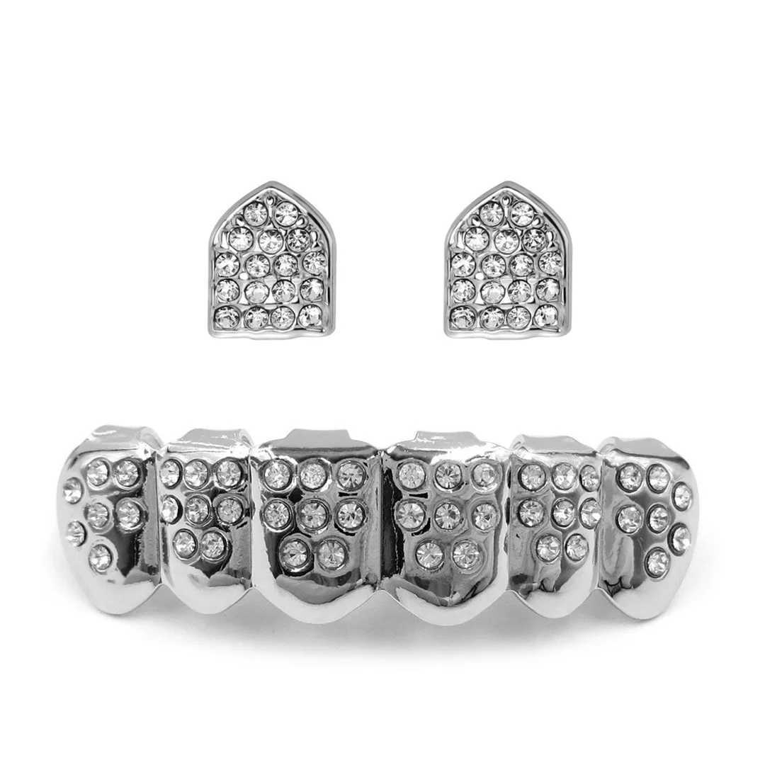 1set CZ Hip Hop Teeth Grillz Gold Plated Dental Grills Rock Tooth Grillz Caps Crystal Teeth Caps Halloween Vampire ToothXJ250114