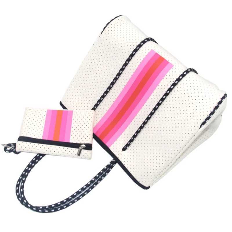 New Arrival Hot selling striped printed womens travel handbag large handbag chloroprene rubber womens perforated beach handbag Z250118