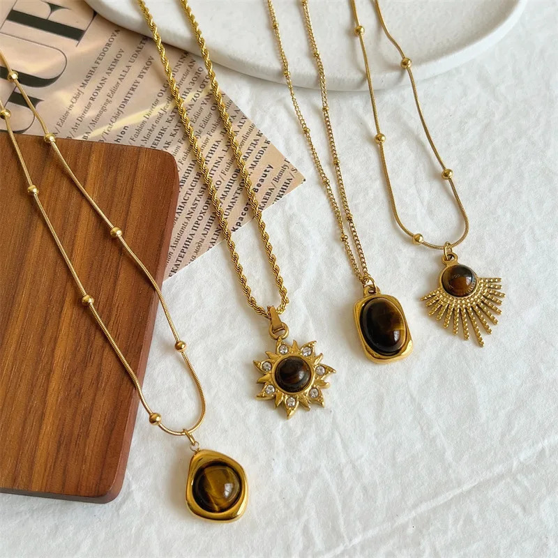 HangZhi Natural Stone Steel Pendant Necklace Rhinestone Flower Oval Gold Color Charm Sweater Chain Jewelry for Women 250109