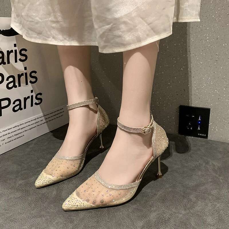 Women Heels Mesh Elegant Heeled Shoes Sexy Nude Wedding Bride Woman Dress Urban Gold Clear Rhie Pointed Toe Pumps