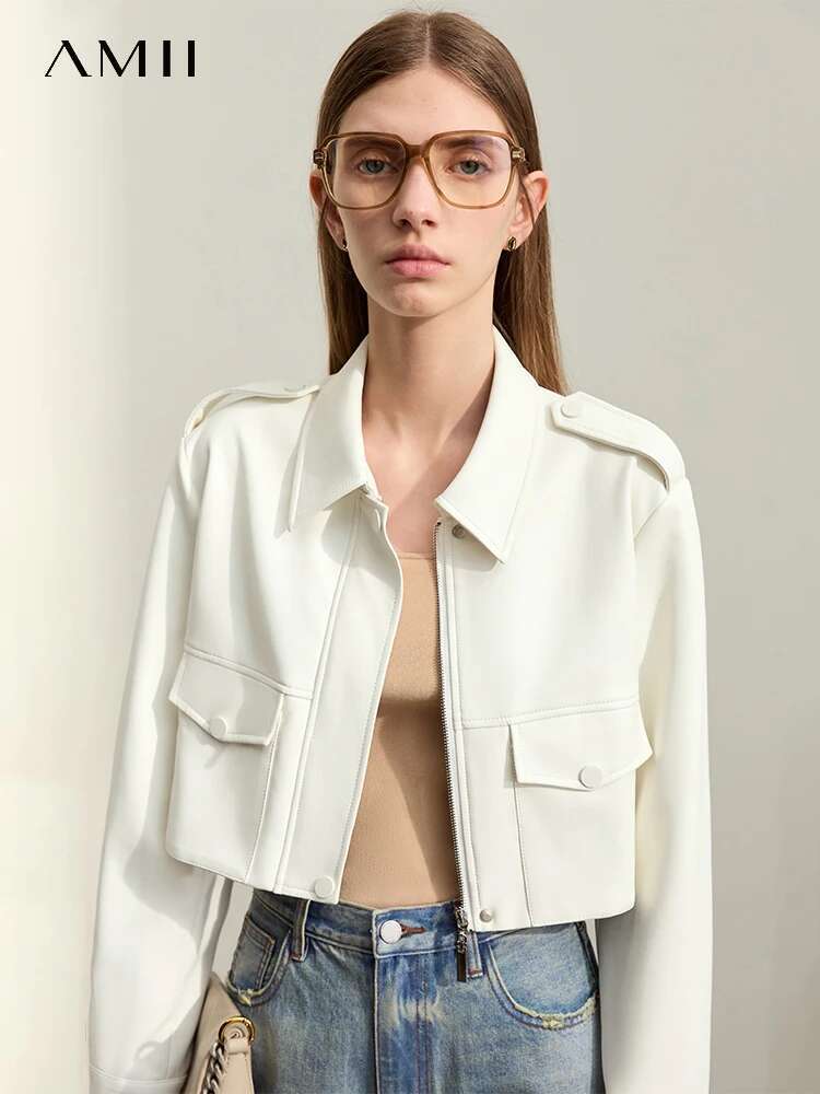 AMII Minimalism Women's Leather Jacket 2024 Spring New Valiant Retro Small Broad Shoulders Short Section Coat Female 12451033