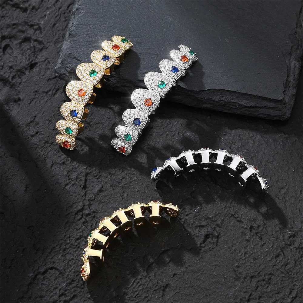 Fashion Iced Out Colorful CZ Stones Paved Copper Teeth Grillz For Men Hip Hop Cosplay Top Bottom Grillz Dientes JewelryXJ250114