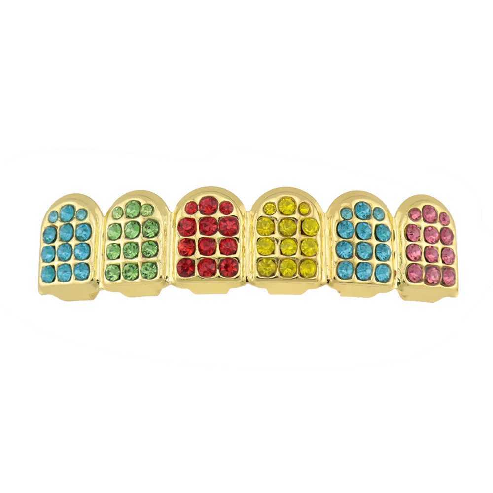 Full Multi Color CZ Stones Teeth Grillz Caps Cubic Zircon Iced Out Micro Pave Top Bottom Charm Grills Set For Men JewelryXJ250114