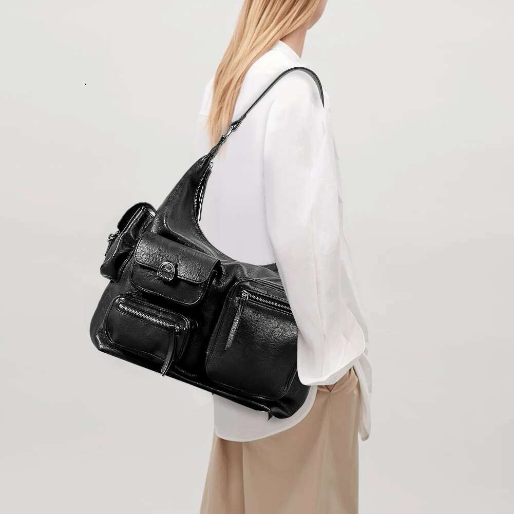 Women Cool Style Tote Purse Large Capacity PU Vintage Underarm Single Shoulder Bag Multi-Pockets For Shopping Commuting