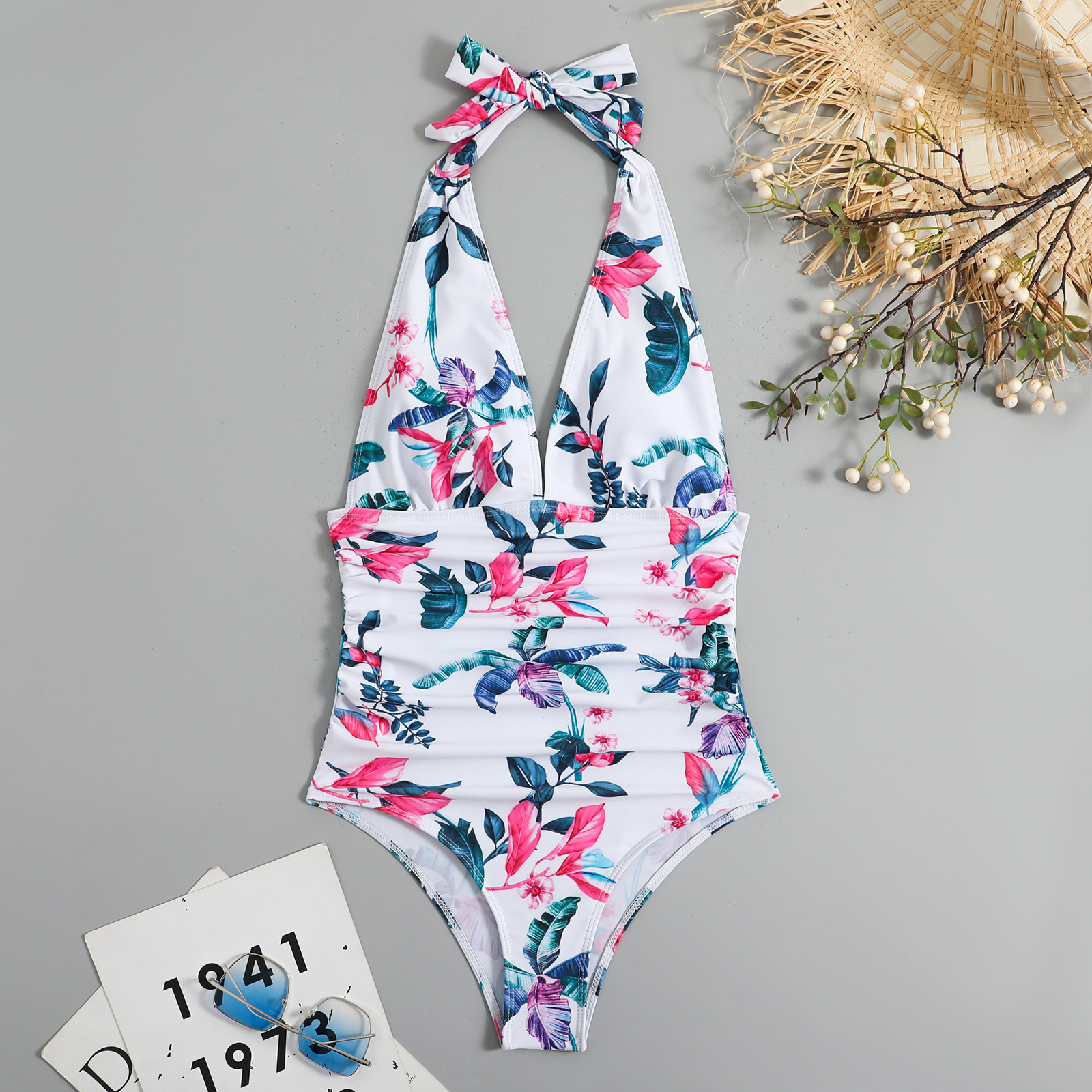 new sexy printed pleated one-piece bikini backless women's small fresh swimsuit