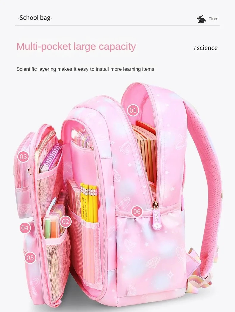 Waterproof Rainbow Schoolbag Student Girls Childrens Princess Refrigerator Door Backpack Spine Protector Shoulder Bags Cute 250109