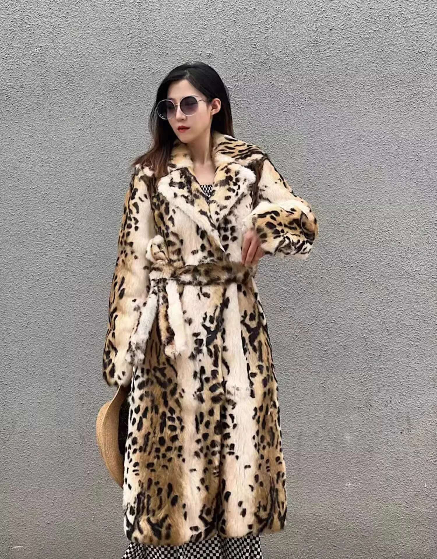 Real Genuine Natural Rabbit Fur Coat Women's Long Fashion English Collar Jacket Outwear Custom Any Size