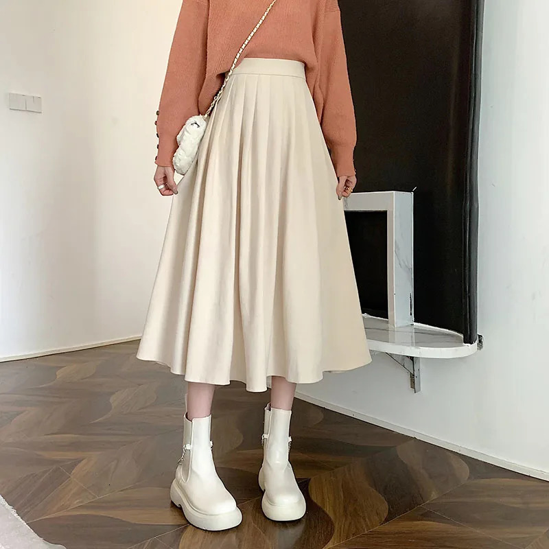 Xpqbb Korean Style Womens Midi Skirt Autumn HighWaisted Corduroy Long Women College Pleated ALine Skirts 250108