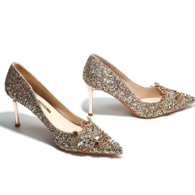 Gold Wedding Women's 2024 New Bride Dress Shoes Fashion Sequin Crystal High Heels