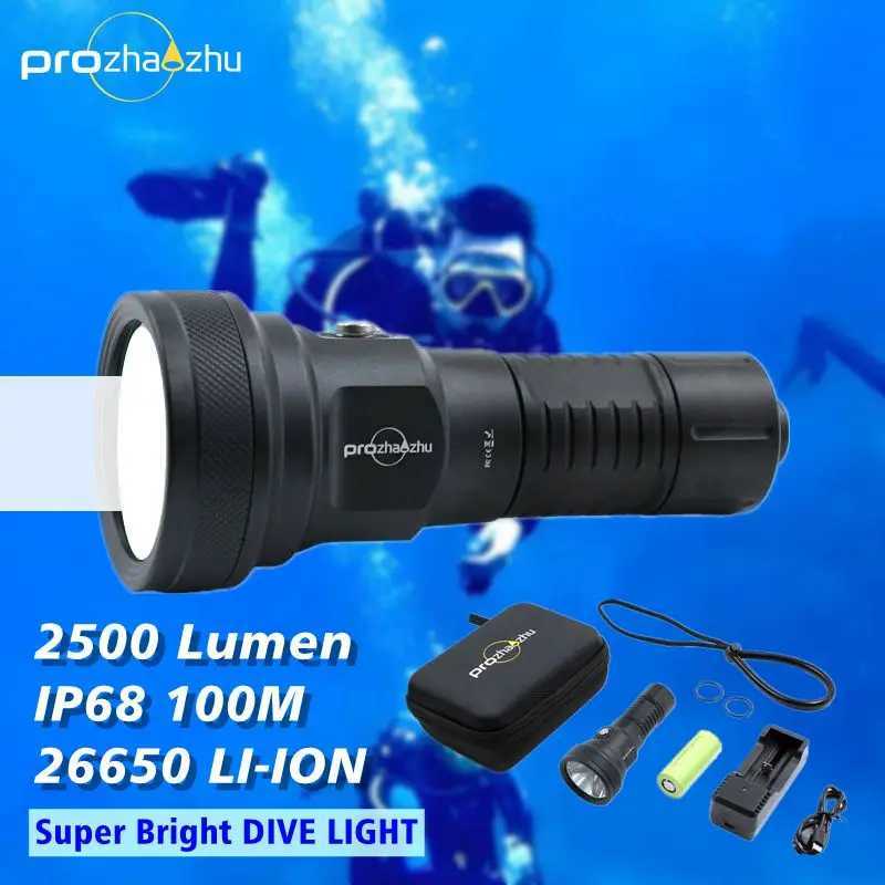 Aluminum Alloy 2500 Lumen LED Diving Light IP68 Waterproof 00M Underwater Rechargeable Scuba Diving TorchW241227