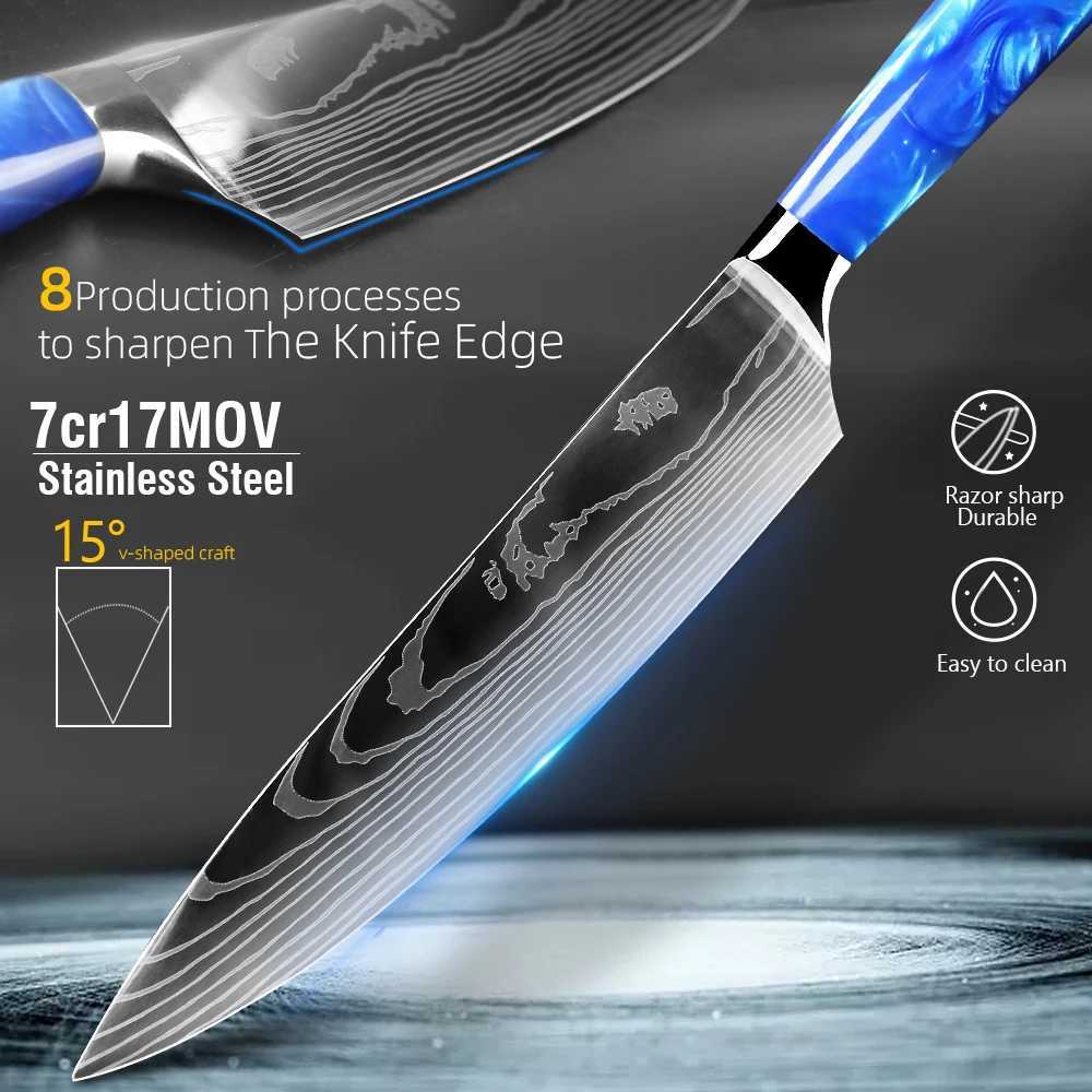 Kitchen Knives Set Chef Japanese Santoku Cleaver Slicer Utility Knife Blue Resin Handle Damascus Pattern 7CR17 440C SteelXJ250117