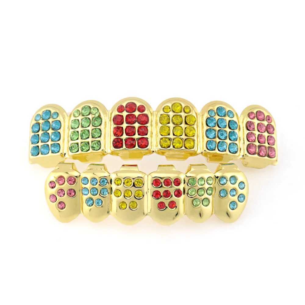 Full Multi Color CZ Stones Teeth Grillz Caps Cubic Zircon Iced Out Micro Pave Top Bottom Charm Grills Set For Men JewelryXJ250114