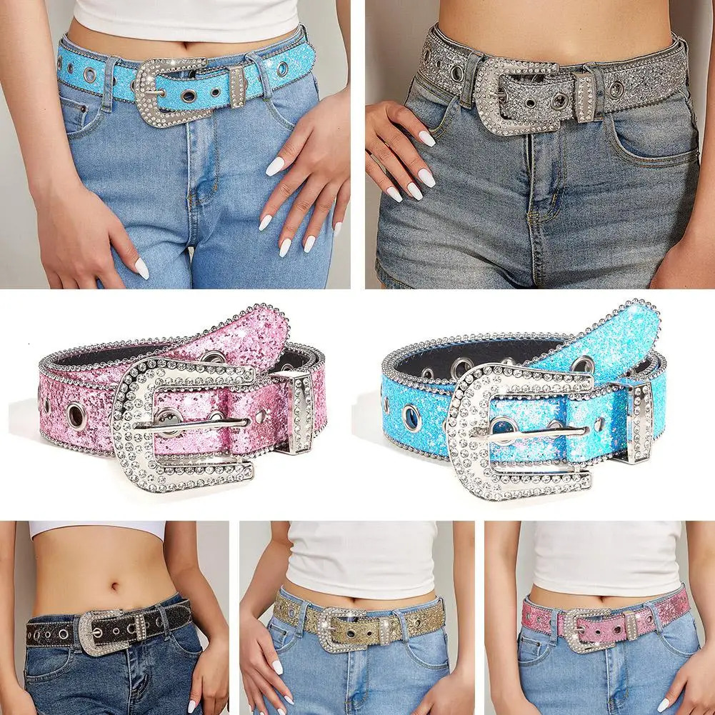 Skull Rivet Rhinestone Bb Belts Trendy Solid Color Sparkling PU Leather Belt Cowboy Cowgirl Jeans Pants Belt For Women Girls 250117