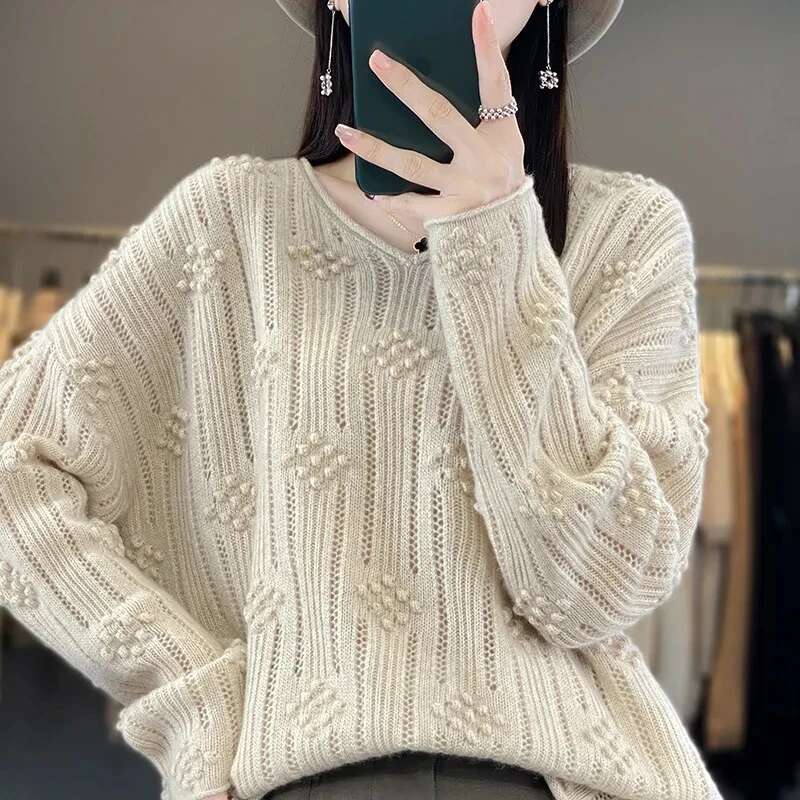 Women's Pullover Sweater 2024 Autumn Winter Hollow Out V-Neck Ladies Knitting Jumper Loose Age Reduction Female Bottoming Tops