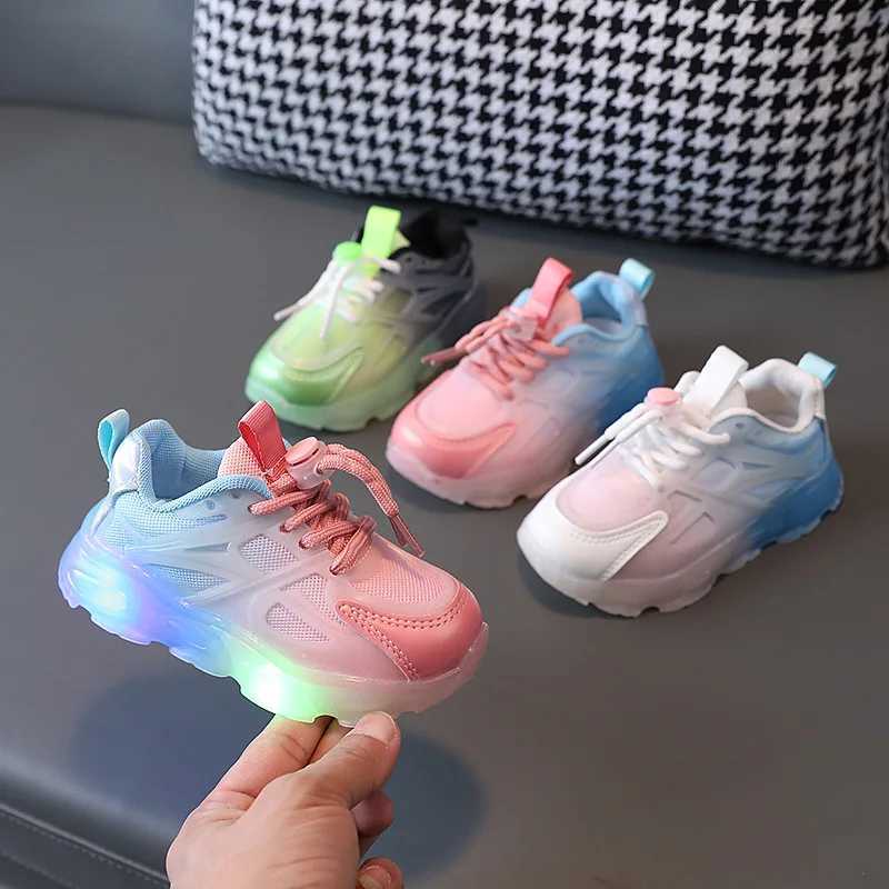 New girls sports shoes with LED lights childrens shoes with gradient colors comfortable and soft soles anti slip boys shoes spring trend casual shoes 