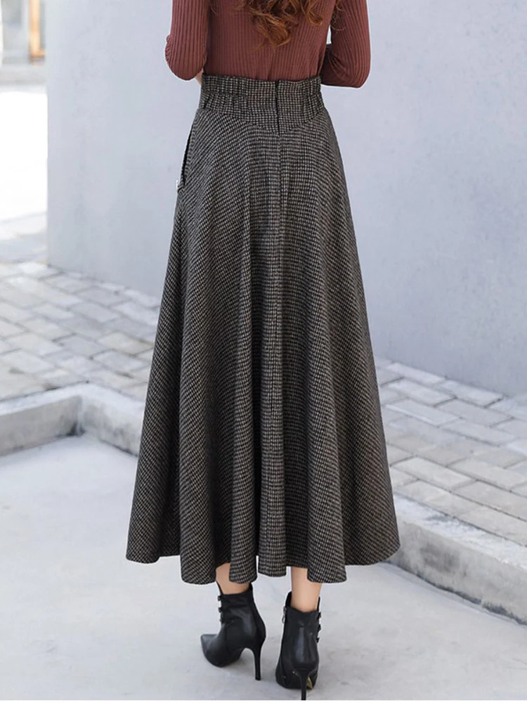 High Waist Vintage Houndstooth Plaid Warm Wool Long Skirt For Women Elegant Casual Big Swing ALine Saias Longas Female 250108