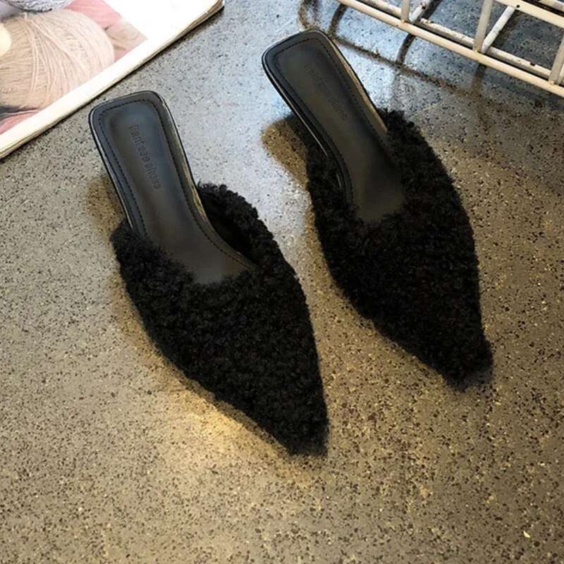 2025 Spring Autumn Women Fur Mules Slippers Fashion Shallow Slip On Stripper Shoes Ladies Comfort Outdoor Slides