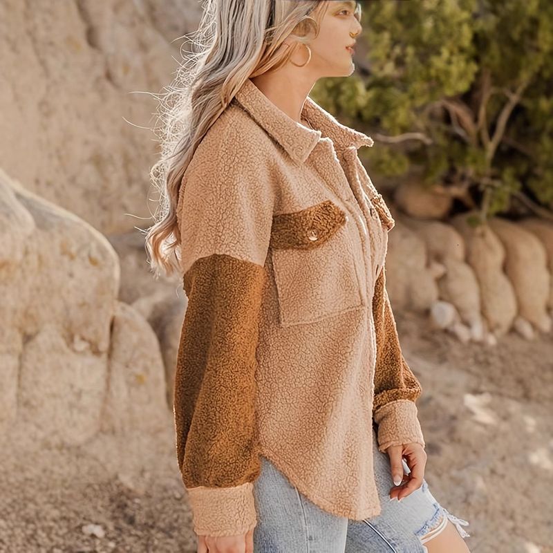 Women's Clothing Autumn And Winter Lamb Wool Coat Camel Contrast Color Style Fashionable Loose