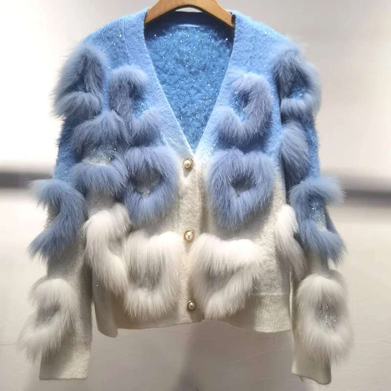 Women Lovely V-Neck Knitted Cardigan With Real Fox Fur Trim Loose Love Sewed Female Long Sleeve Warm Hit Color Sweater