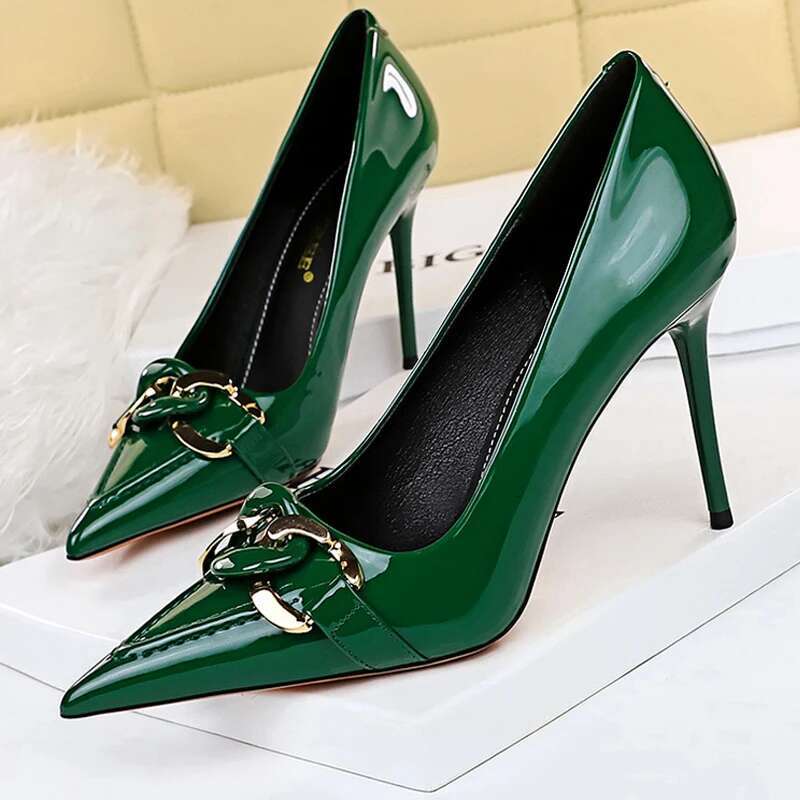 BIGTREE Metal Button Woman Pumps Patent Leather High Urious Sexy Party Shoes Stiletto Heels Ladies Large Size 43