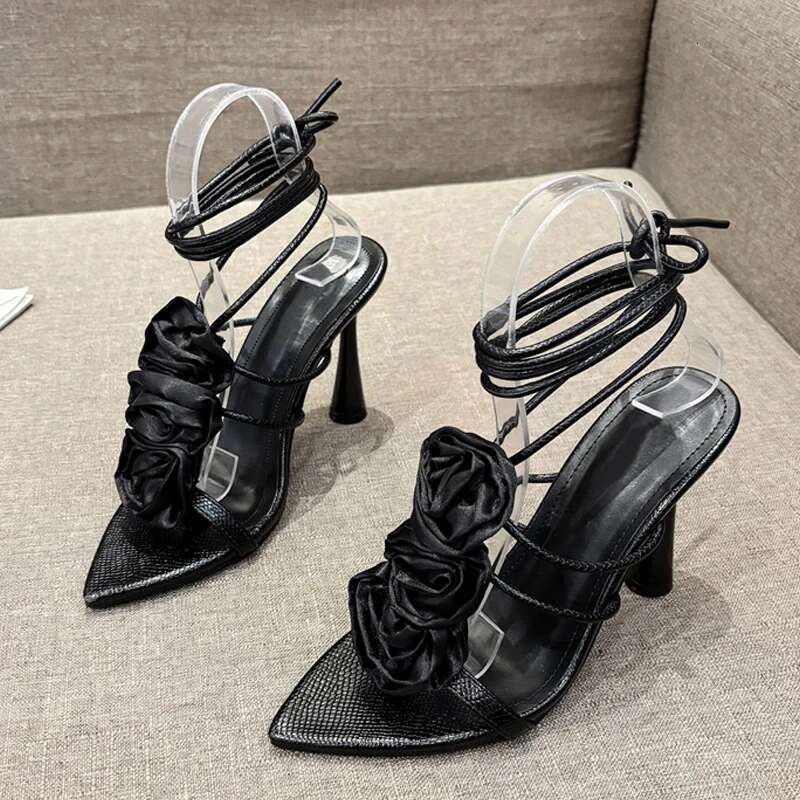 Liyke Size 35-41 Sexy Pointed Toe Lace Up High Heels White Sandals For Women Silk Rose Wers Summer Party Dress Shoes Pumps