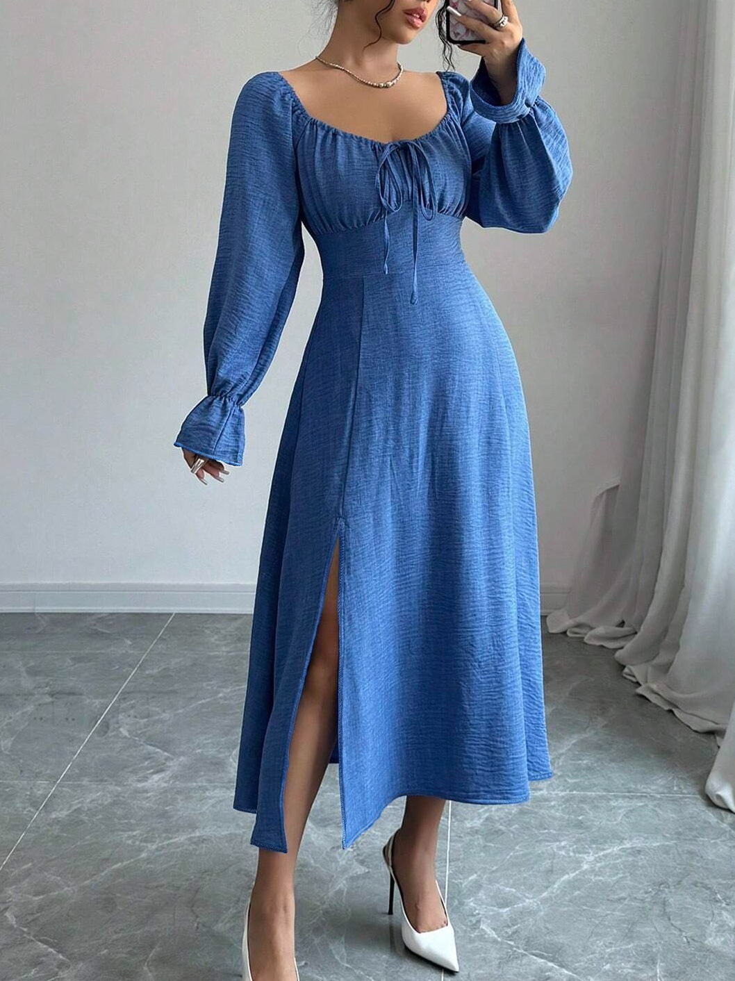 B8600 Slightly plump ladies square neck drape elegant lace-up slit waist long-sleeved dress