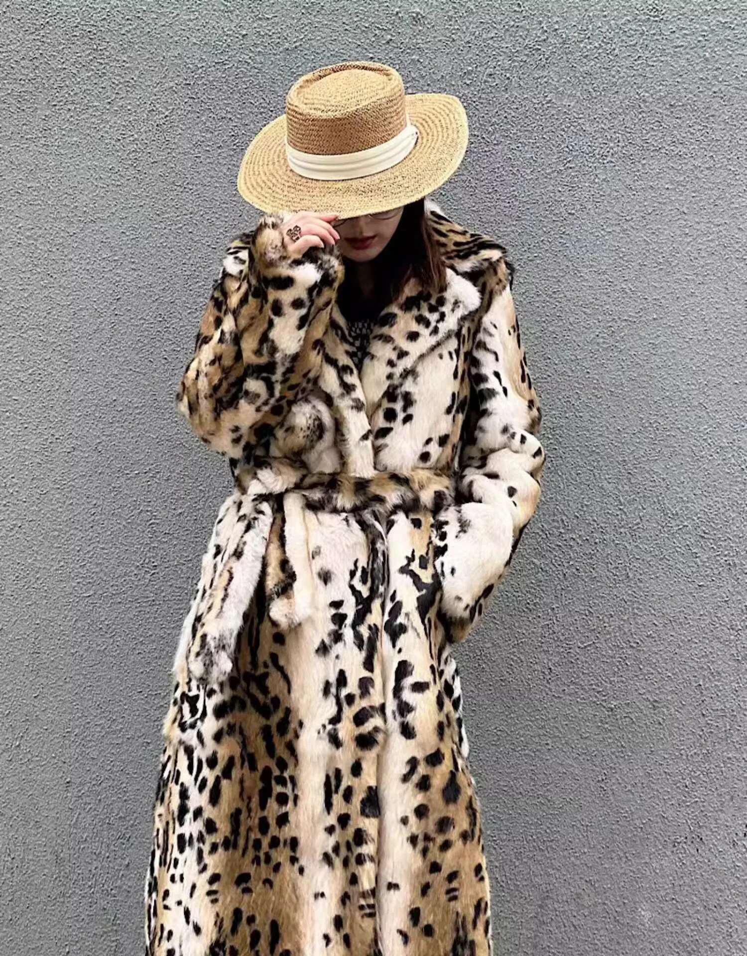 Real Genuine Natural Rabbit Fur Coat Women's Long Fashion English Collar Jacket Outwear Custom Any Size