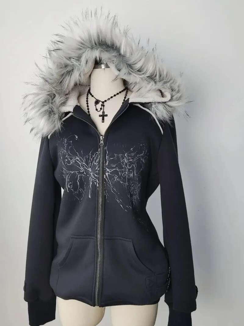 Y2k Gothic Dia Printed Fur Collar Zip Women Retro Millennium Hot Girl Slim Warm Haruku Korean Street Casual Hoodie
