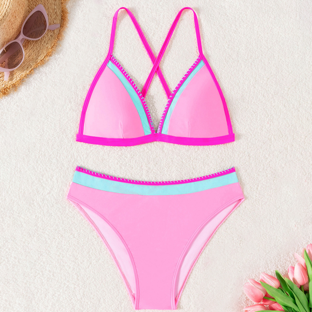 Contrast Piping Color Block Criss Cross Back High Waist Modest Coverage V Neck Pink Bikini Set