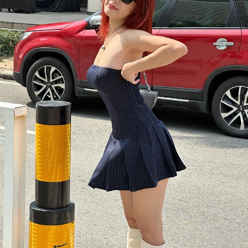 Xeemilo Korean Fashion Sleeveless A-line Dress Aesthetic High Streetwear Slash-neck Pleated Dresses Summer Elegant Slim Dresses 250117