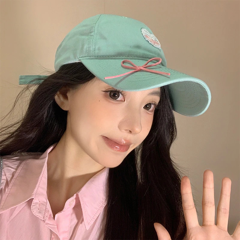 Mint green love bow baseball cap womens wide brim big head circumference showing face small versatile cap 250117