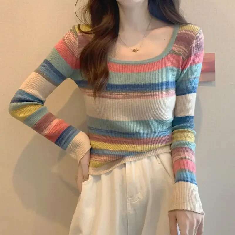 New Spring And Autumn Rainbow Stripe Square Collar Colorful Long Sleeve Base T-shirt For Women Inner Collar Knitted Top Thin Designer T-shirt