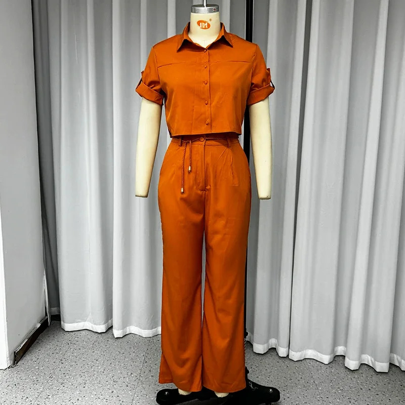 Wefads Two Piece Set Women Summer Casual Solid Lapel Single Breasted Button Short Sleeve Top With Belt Wide Legs Pants 250109