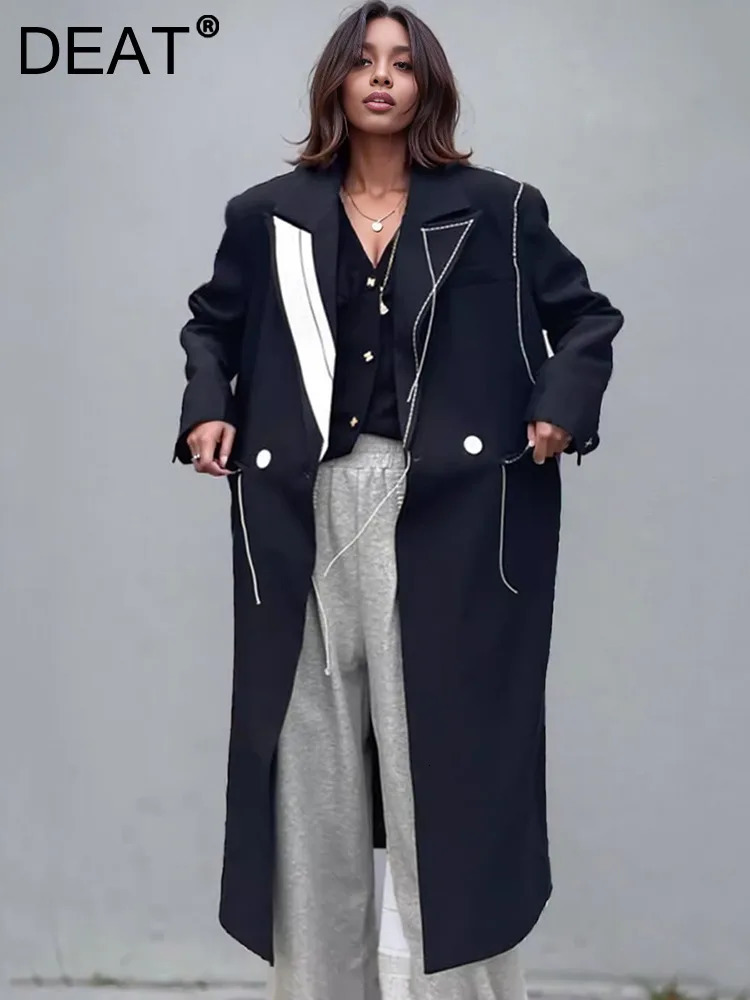 DEAT Fashion Womens Trench Coat Top Contrast Color Double Chest Long Sleeve Windproof Spring Style 20A3504 250118
