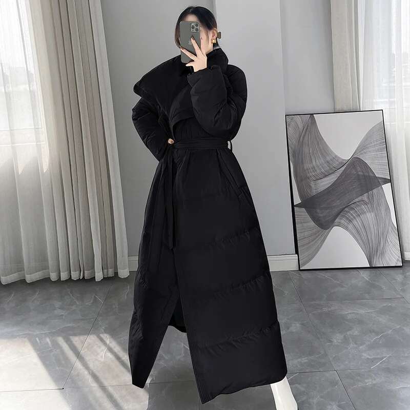 Winter New Fashionable Women Coat Long Large Lapel Slim Fit Lace Up Commuting White Duck Down Jacket