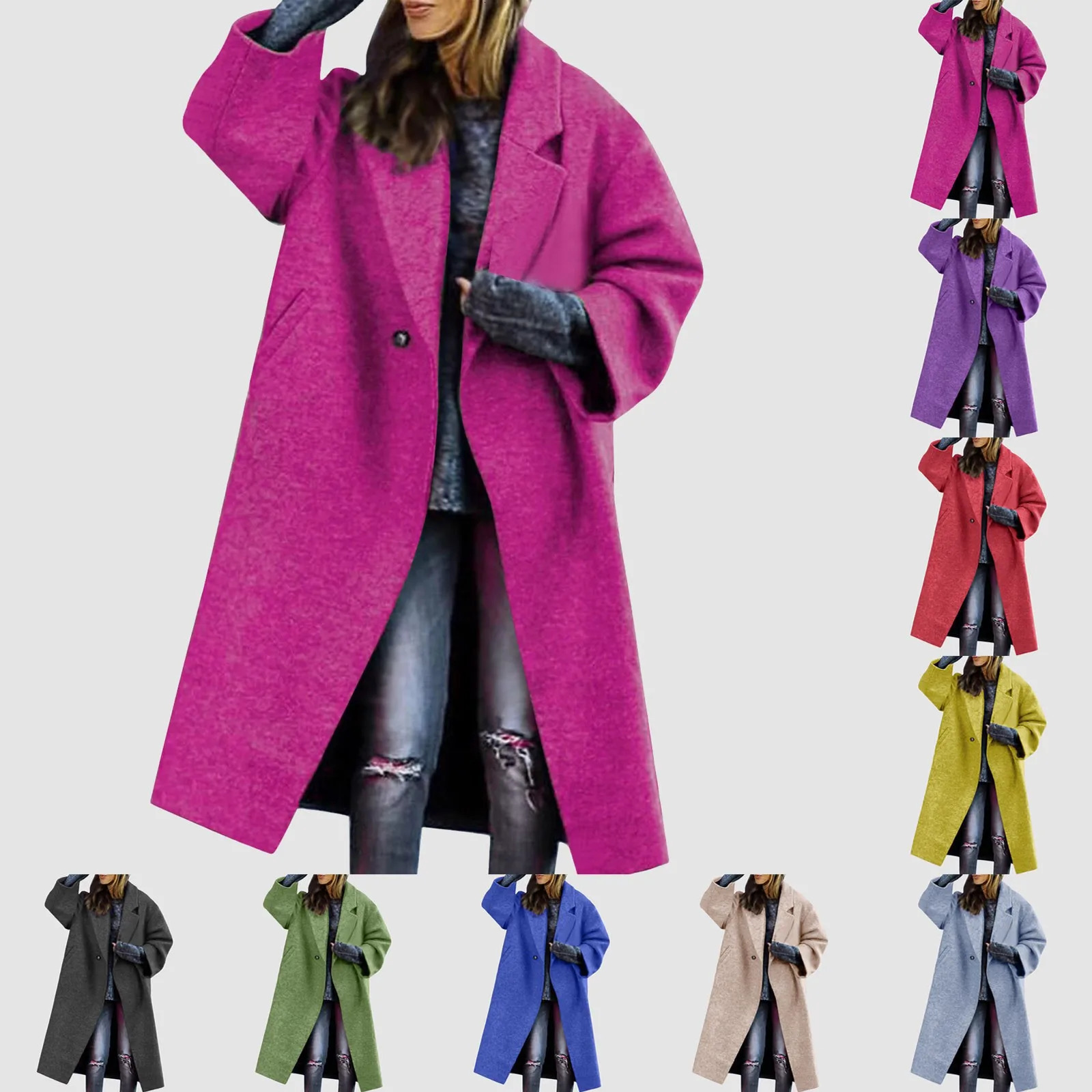 Womens Winter Double Button Midi Long Wool Coat Temperament Commuting Notch Lapel Loose Dressy Casual Winter Green Trench Coat 250118