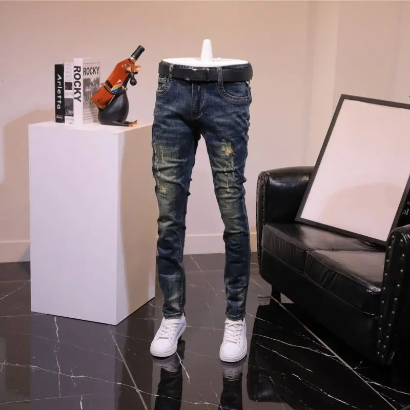 Trouser tear elastic perforated mens jeans slim fit jeans mens skinny jeans skinny jeans 250118