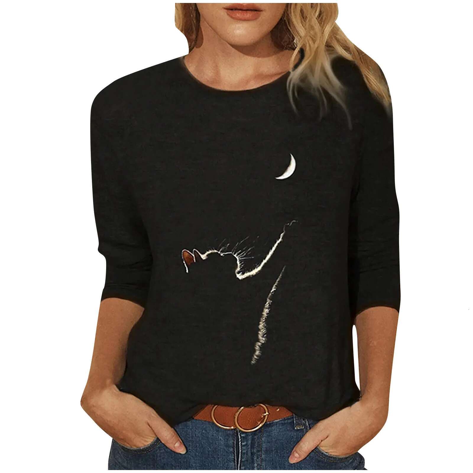 Autumn And Winter Loose Cat Print Casual Long Sleeved T-shirt Top Women's Shirt 2025 Women's Summer Top Designer T-shirt